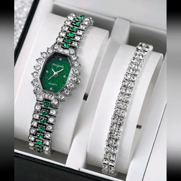 NEW GORGEOUS LADIES SILVER AND GREEN CZ WATCH AND CZ BRACELET SET 3mm Green CZ Tennis Bracelet Real Iced 925 Sterling Silver  main image 2